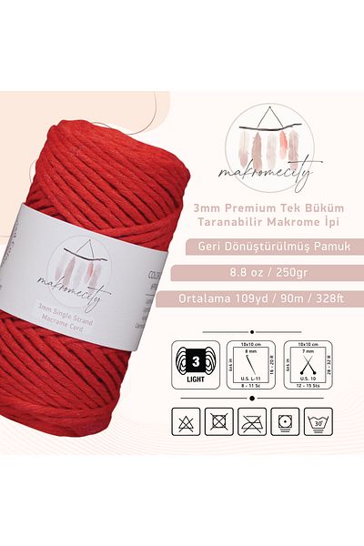 Makromecity Scanned Macrame Rope 3mm Scannable Cotton Macrame Rope Macrame Rope Red