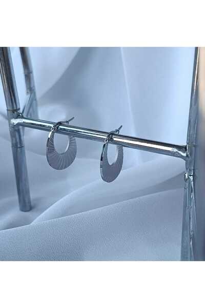 Sunland Silver Oval Çizgili Halka Çelik Küpe