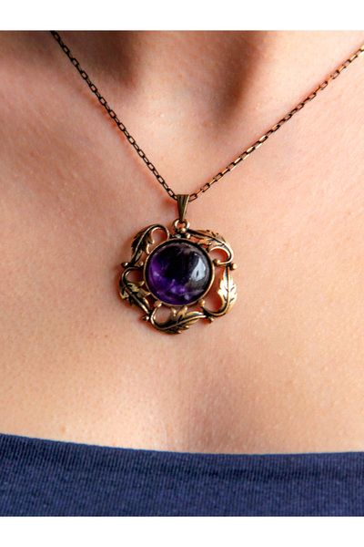 esha Doğal Taş Ametist Doğal Taşlı Otantik Kadın Yuvarlak Kolye 45 Cm Zincirli