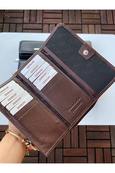 DERKON Jolly Model 100% Genuine Leather Useful Women's Wallet Brown