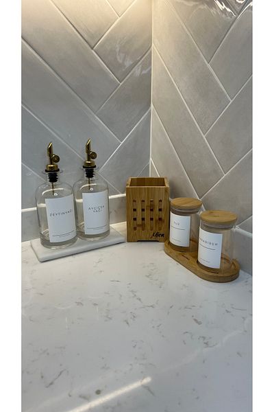 may home design 2-Piece Labeled Glass Oil Pot with Marble Stand/Bamboo Spoon Holder/2-Piece Spice Holder with Bamboo Lid Stand
