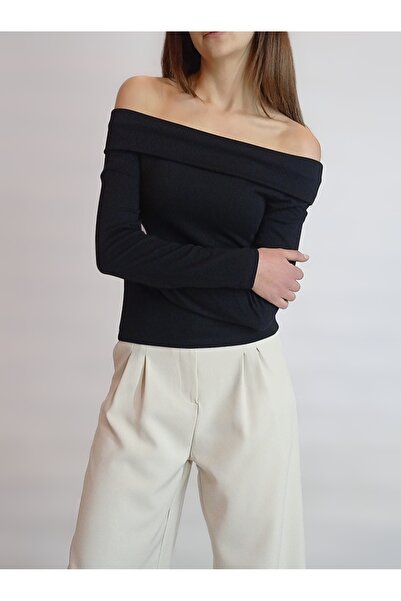 oyagüler بلوزة نسائية من القماش بياقة مادونا كارمن باللون الأسود YY101094