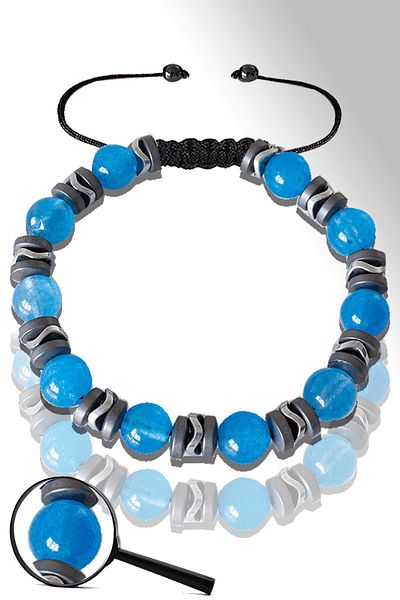 Tesbih Atölyesi Certified Silver Hematite Blue Agate Stone Bracelet - Adjustable