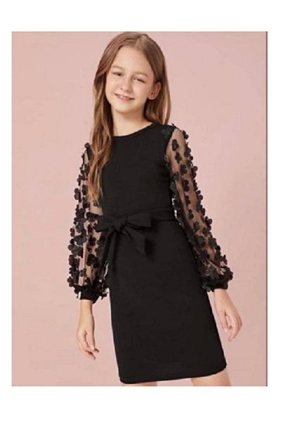 Melek Bebeğim Black Evening Dress with 3D Sleeves and Tulle Girl's Dress