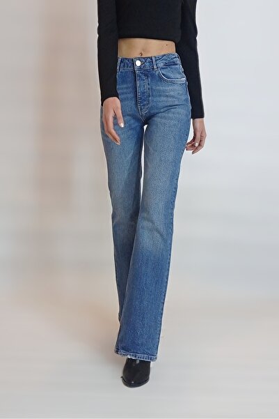 oyagüler Kadın Orta Mavi Yüksek Bel Likralı İspanyol Paça Jean Kot Pantolon  YY101077