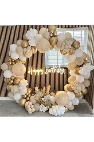 asöy Sea Sand Beige Color Balloon Pastel White Chrome Gold Balloon Chain Set