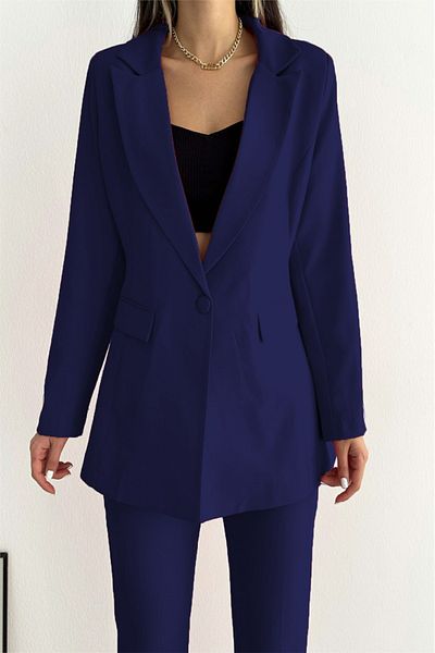 diaves Navy Blue Single Button Blazer Jacket Carrot Pants Suit