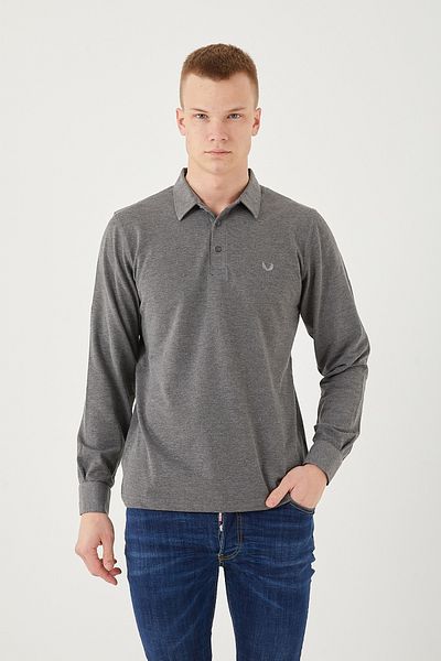 Sporting Men's Melange Gray Pique Fabric Shirt Collar Buttoned Cuff Long Sleeve T-shirt