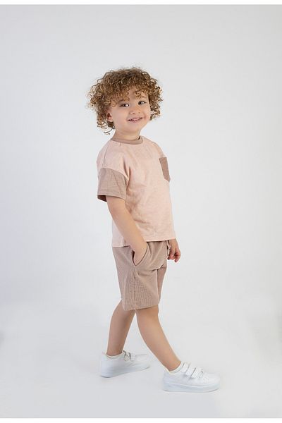 Harika KIDS Boy's Brown Pattern Short Sleeve Basic Top and Bottom Set with Shorts