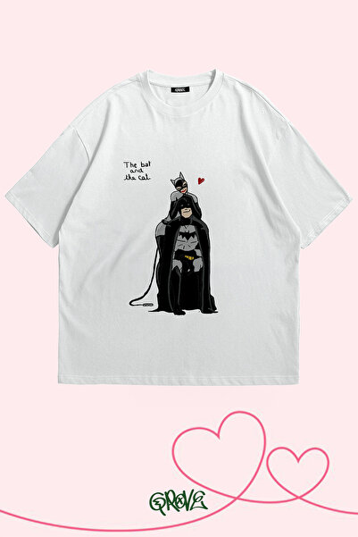 Grove Fashion Batman ve Catwoman Baskılı Sevgililer Günü Çift Oversize T-Shirt