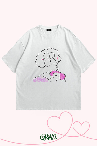 Grove Fashion Dreams Drawing Printed Valentine's Day Couple Oversize T-Shirt