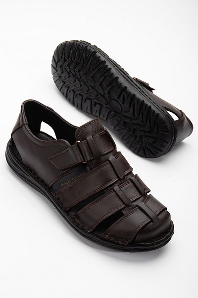 Waresta Snd71 Black Genuine Leather Men's Sandals Daily Thick Light Sole Orthopedic Soft Men's Sandals