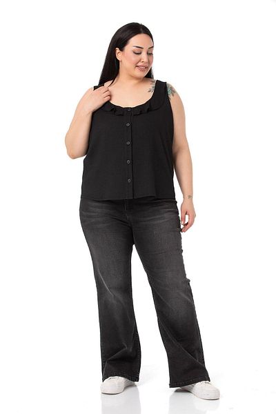 DISENTIS MODEST Plus Size Ruffle Collar Sleeveless Buttoned Black Blouse