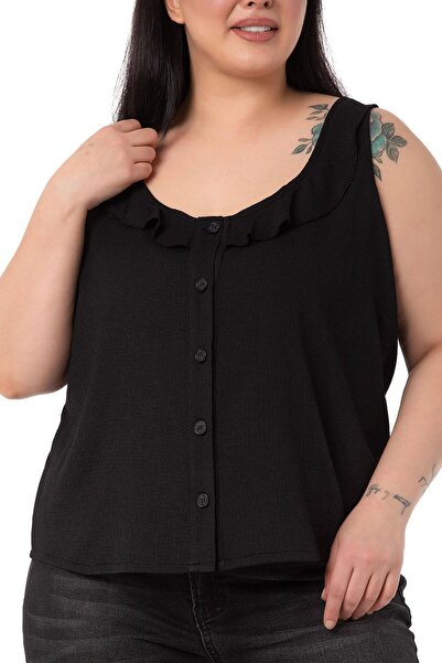 DISENTIS MODEST Μαύρη αμάνικη μπλούζα με κουμπιά με βολάν