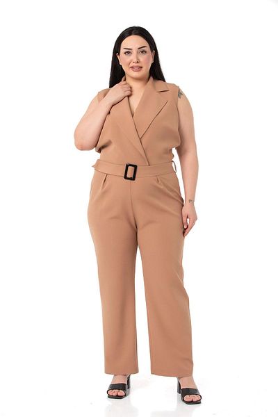 DISENTIS MODEST Plus Size Double-breasted Elastic Waist Zipper Closure Belt Mink Jumpsuit