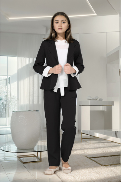 Jannock Kız Çocuk Takım Elbise Blazer Ceket-Bluz-Pantolon 3 lü Set