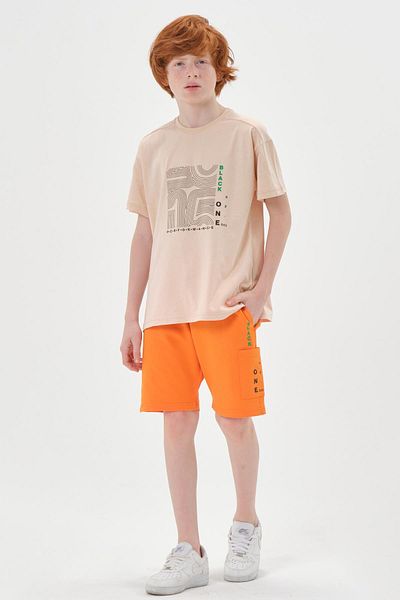 Black One Print Detailed Double Pocket Shorts Summer Crew Neck Boy's Bottom Top Set