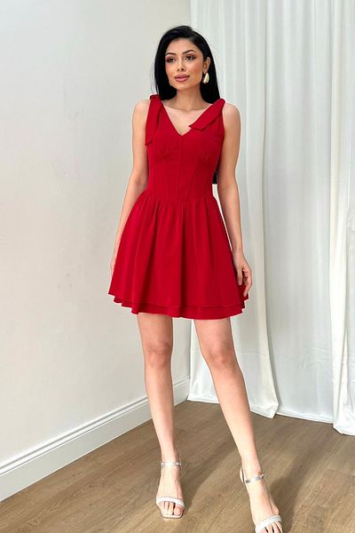 lovebox Women's Atlas Fabric V Low-cut Design Skirt Tiers Off the Shoulder Red Mini Evening Dress 160