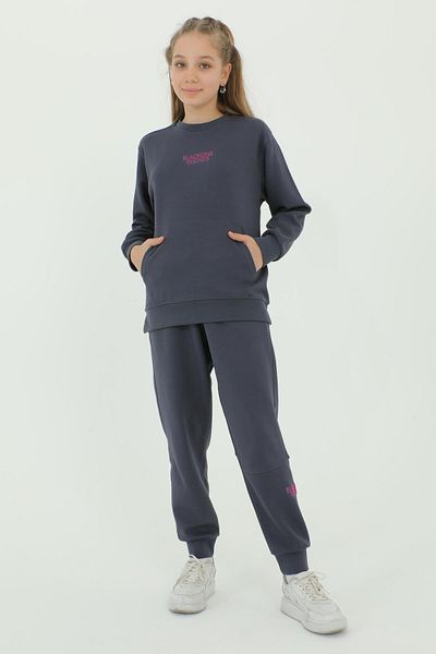 Black One Girl's Crew Neck Print Detailed Adjustable Rubber Waist Tracksuit Set