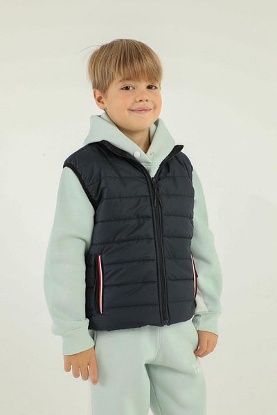 Black One Stand Collar Zipper Detailed Boy's Vest