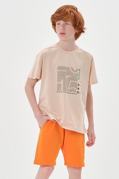 Black One Print Detailed Double Pocket Shorts Summer Crew Neck Boy's Bottom Top Set