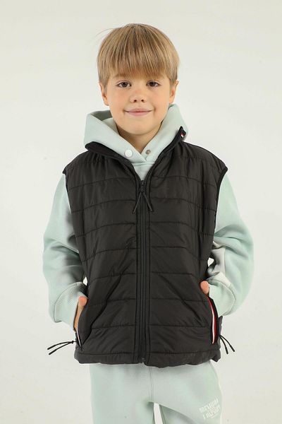 Black One Stand Collar Zipper Detailed Boy's Vest