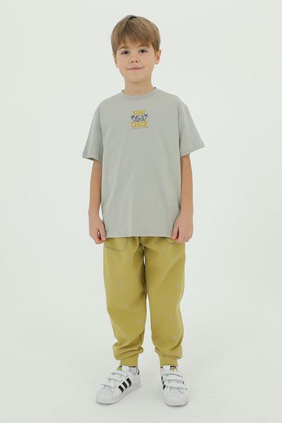 Black One Crew Neck Tropical Patterned Boys' 2-Piece Bottom Top T-Shirt Pants Summer Tracksuit Set