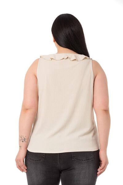 DISENTIS MODEST Plus Size Ruffle Collar Sleeveless Buttoned Beige Blouse