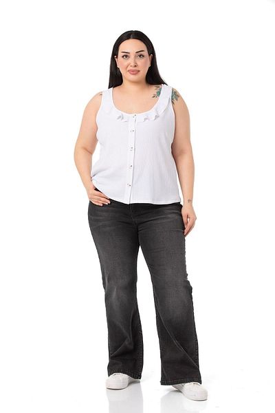 DISENTIS MODEST Plus Size Ruffle Collar Sleeveless Buttoned White Blouse
