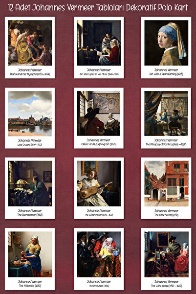 Runrux لوحات جوهانس فيرمير 12 بطاقة بولو مزخرفة - بطاقات ملصقات فنية
