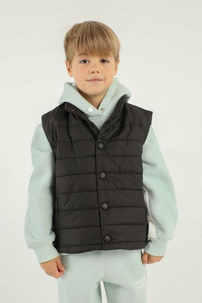 Black One Stand Collar Button Detailed Double Pocket Boy's Inflatable Vest