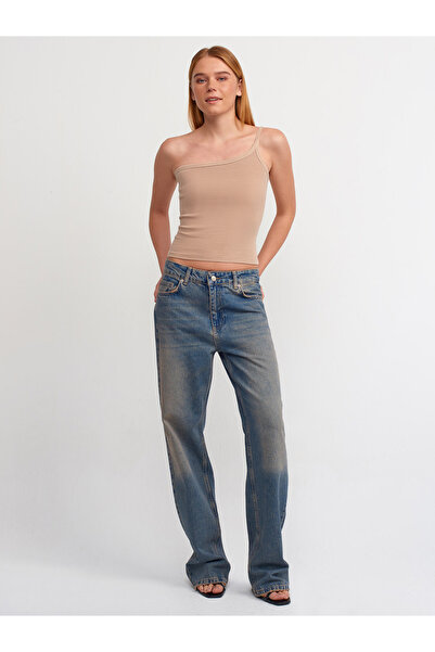 Dilvin 20673 Washed Asymmetrical Top-Beige