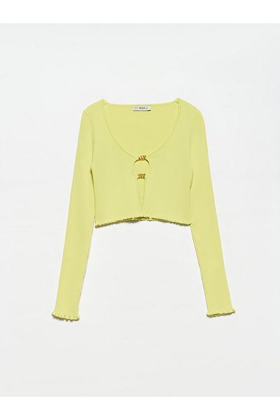 Dilvin 60134 U-Neck Front Accessory Knitwear Cardigan-lime