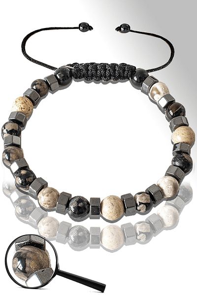Tesbih Atölyesi Certified Silver Hematite 6 Mm Black - White Agate Stone Bracelet - Tibetan Agate