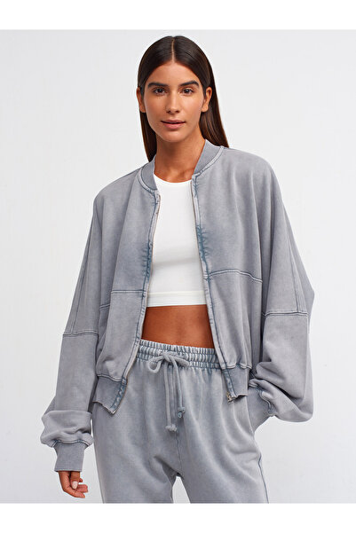 Dilvin 40402 Zippered Bomber Sweatshirt-Gray