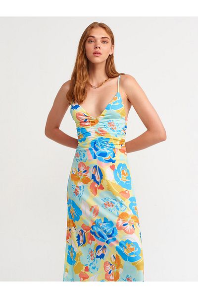 Dilvin 90349 Gathered Flower Patterned Long Dress-lime