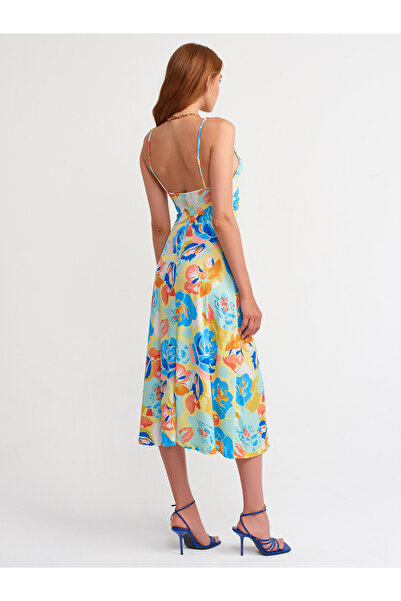 Dilvin 90349 Büzgülü Çicek Desenli Uzun Elbise-lime