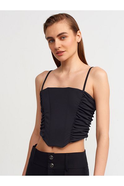 Dilvin 20129 Κορδόνι σχεδίασης Λεπτομερές λουράκι Crop Top-μαύρο