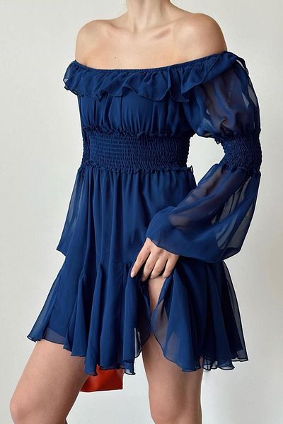 lovebox Dámská šifonová tkanina Gipe Design bez ramínek límec s dlouhým rukávem, mini večerní šaty v tmavě modré barvě 080