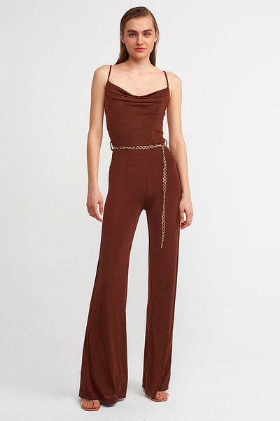 Dilvin 70331 Jumpsuit mit Rüschenkragen und Gürtel – braun