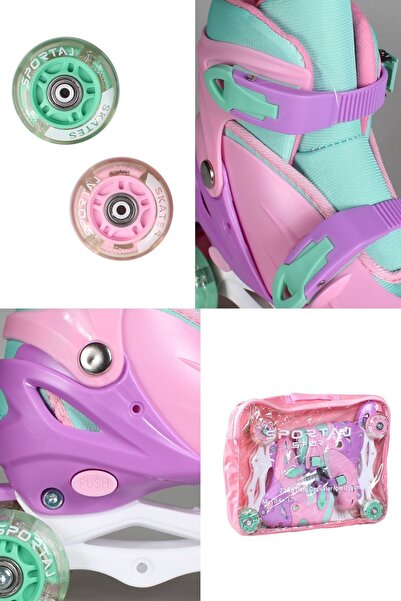 Sportaj Lighted Silicone Roller Skate Helmet for Girls Boys - with Knee Pad and Elbow Pad Set, Four Wheels with Bag