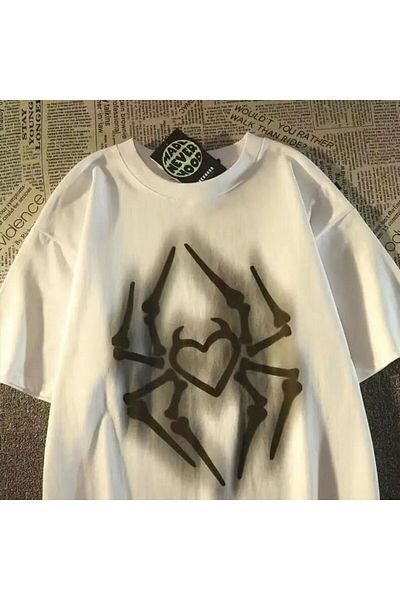 Gofeel Harajuku White Spider Heart Printed Oversize Unisex T-shirt