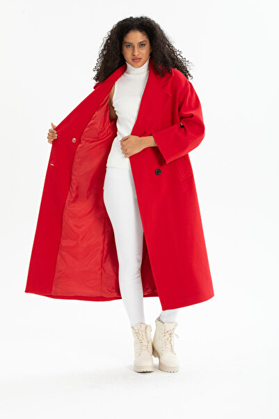 Pitti Women's Red Buttoned Oversize Lined Coat with Pockets