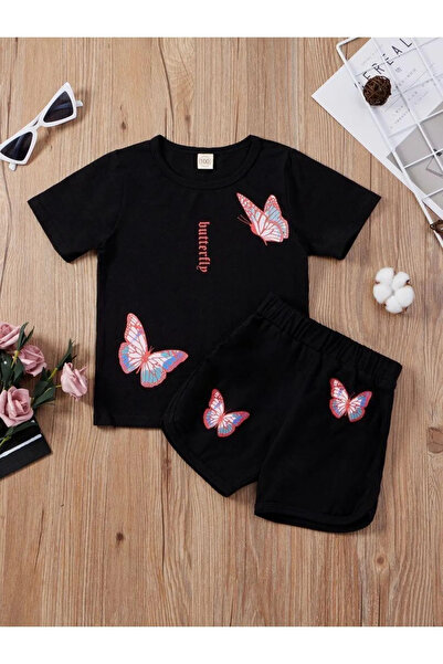 Amazon Ev Set pantaloni scurți-tricouri cu imprimeu fluture negru pentru copii