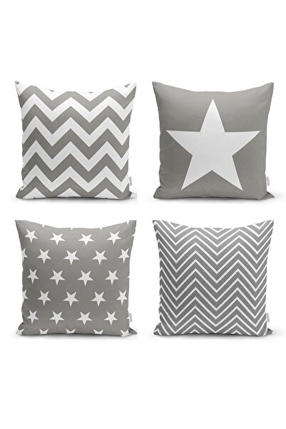 Nish & Royal 4-Piece Gray Zigzag and Star Motif Modern Pillow Throw Pillow Co...