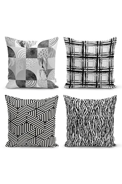 Nish & Royal Crno-beli geometrijski crteži, dekorativni set od 4 navlake za j...