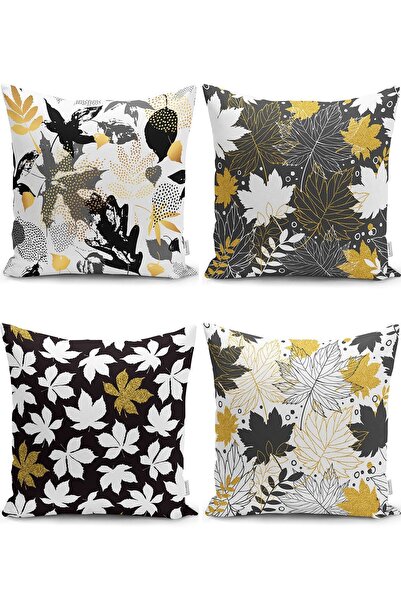 Nish & Royal Gold Detailed Leaf Patterned Modern Pillow and Cushion Cover Set...