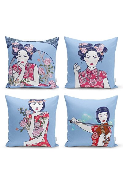 Nish & Royal Plava pozadina, set od 4 komada jastučnica sa motivom japanske d...