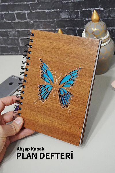markcat Caiet din lemn pentru planificator cu model de fluturi - Planificator zilnic - Agenda nedatat (90 de coli)
