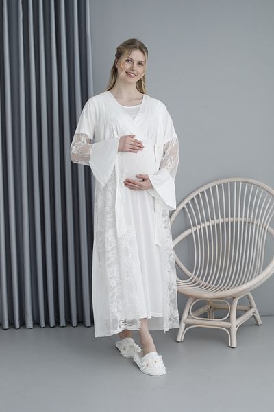 BLACKMORE Women's Ecru Sleeve Lace Stylish Maternity Nightie-Morgeness Set of 2